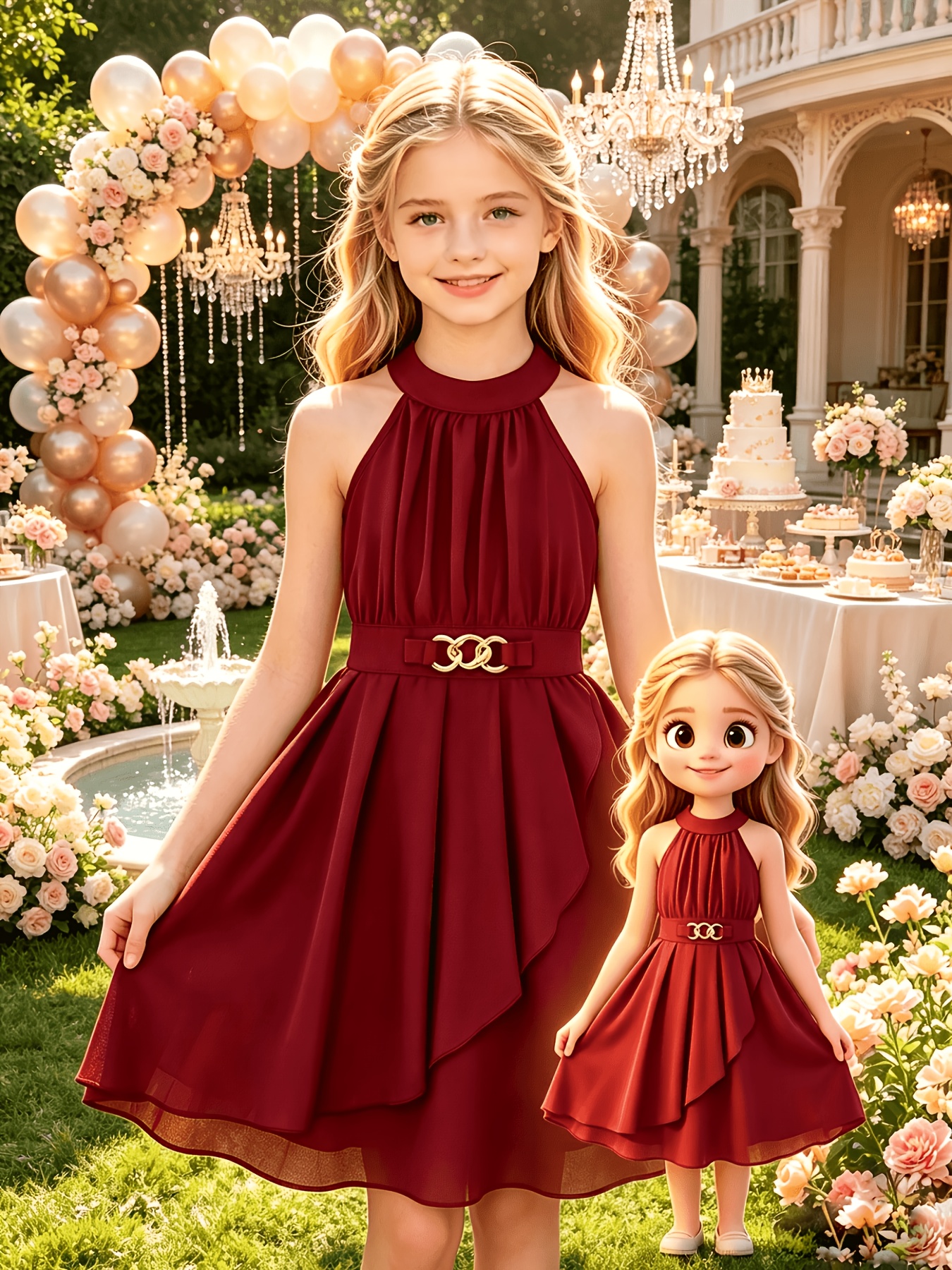 Elegant off-shoulder halter neck mid-length dress for girls with gold-tone decorative buttons at the waist. A stylish and elegant princess dress for spring/summer, suitable for occasions such as parties, performances, formal events, daily casual