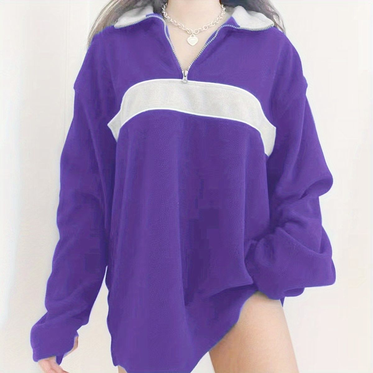 retro lapel thermal pullover casual striped colorblock fashion loose long sleeve sweatshirt womens clothing details 17