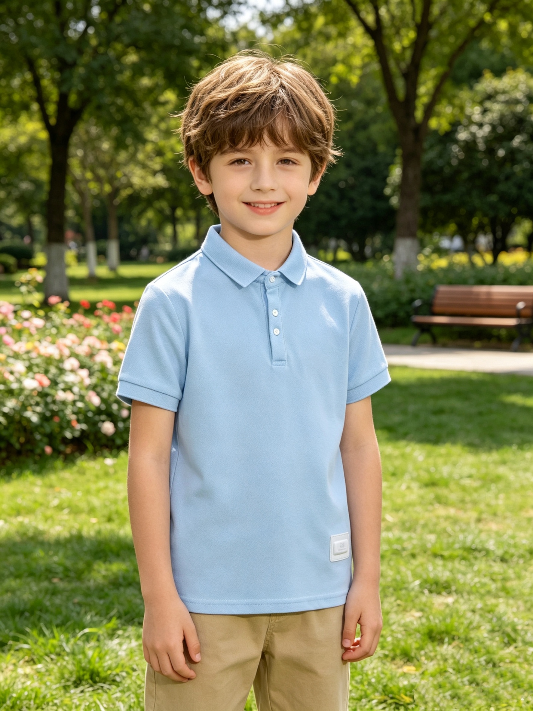 Summer! Solid Color Short-Sleeve Polo Shirt for Kids, Simple Label Design, Wrinkle-Resistant, Not Easily Deformed, Fresh and Breathable T-Shirt Top, Preppy Style, Boys' Daily Wear Lapel Shirt, Summer, Regular Fit