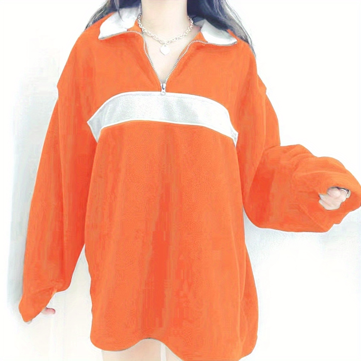 retro lapel thermal pullover casual striped colorblock fashion loose long sleeve sweatshirt womens clothing details 14