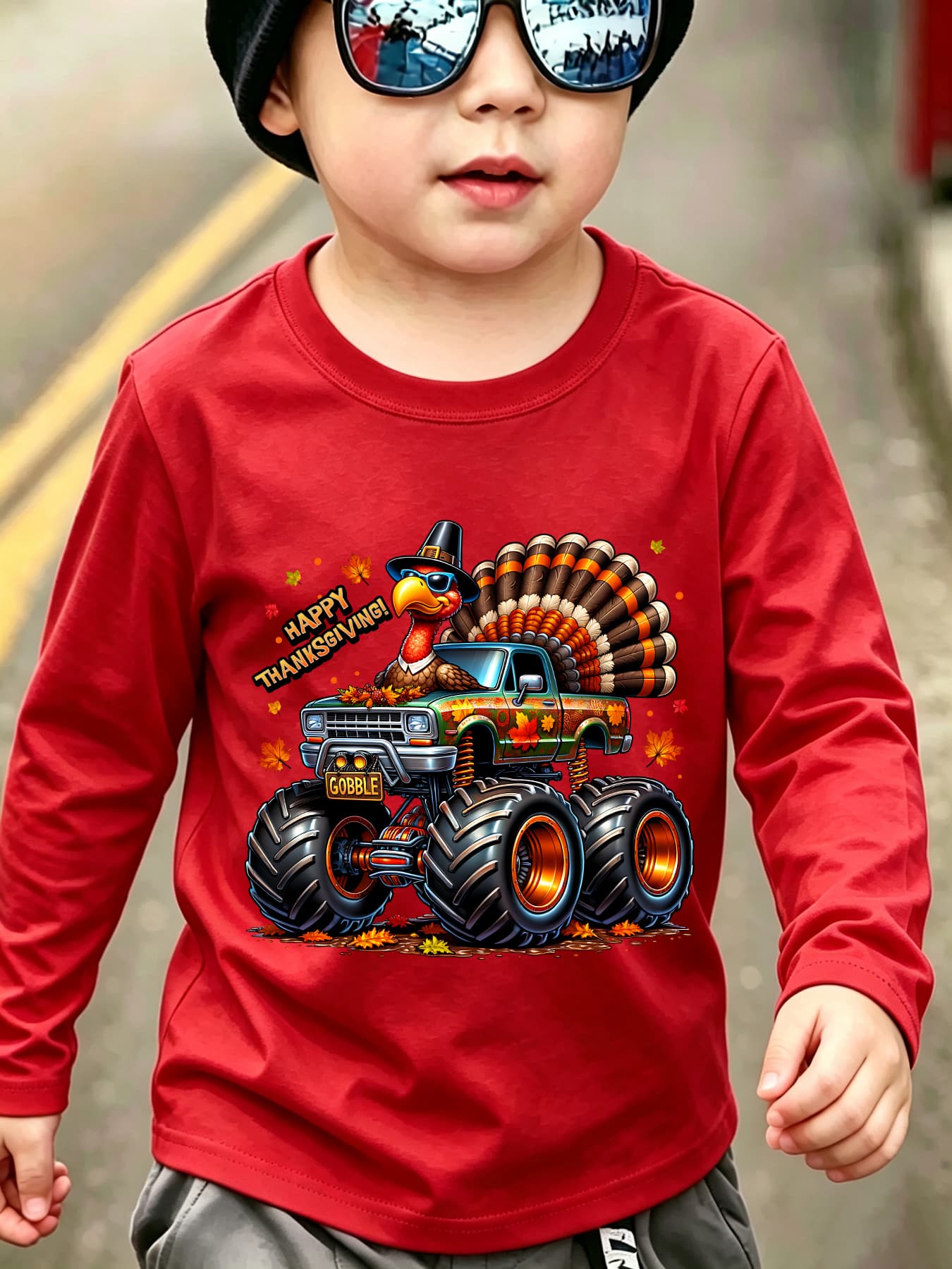 Thanksgiving Boys' Fashion Long-Sleeve T-Shirt, "Happy Thanksgiving" Truck-Driving Turkey Cartoon Print, Outdoor Casual Top CX9252