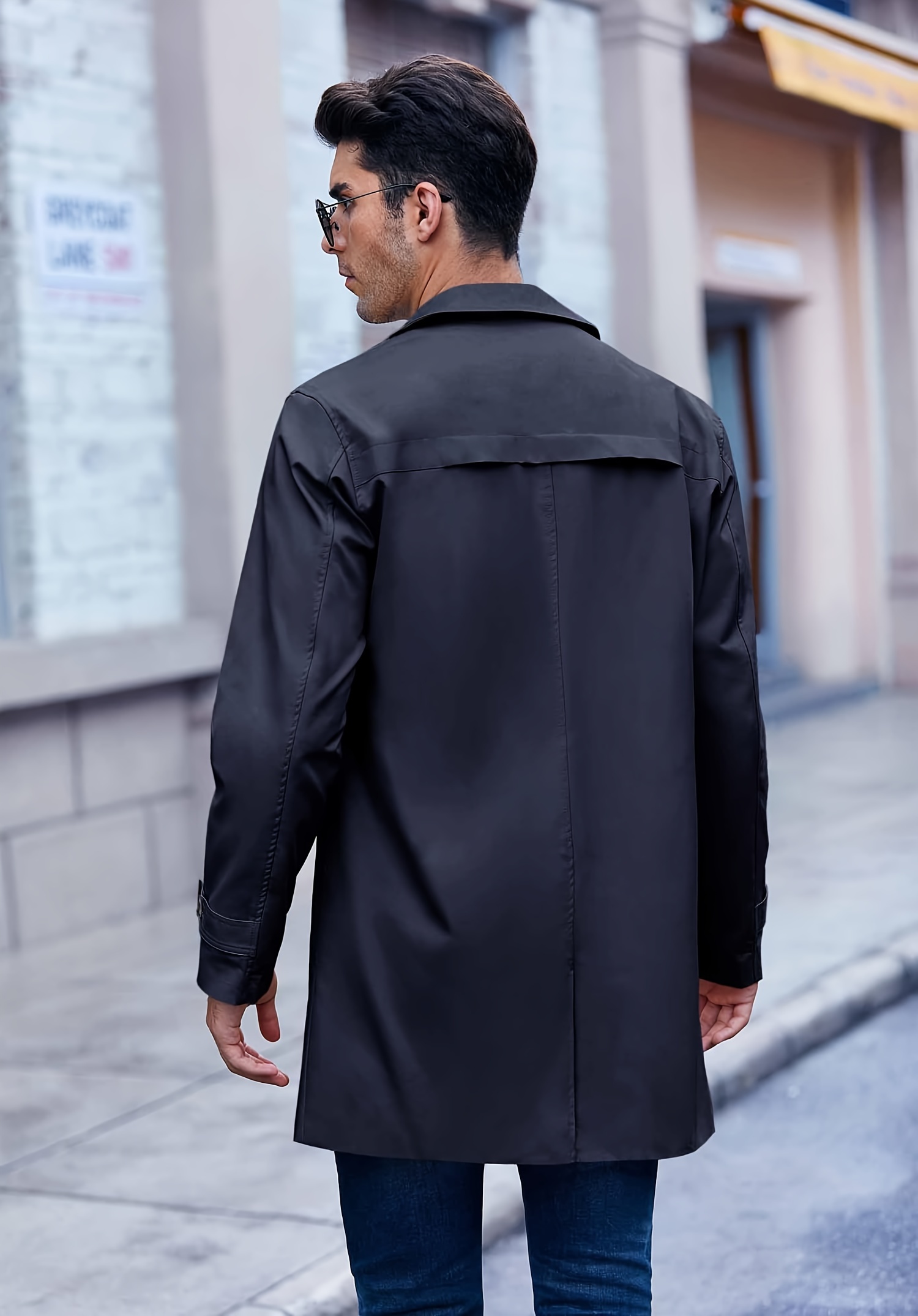 mens stylish solid windbreaker with pockets active slightly stretch breathable lapel button up long sleeve top for city walk street hanging details 1