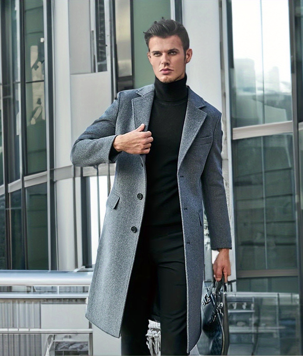 stylish woll blend mens trendy retro solid long sleeve coat windbreaker lapel long coat for autumn winter details 5