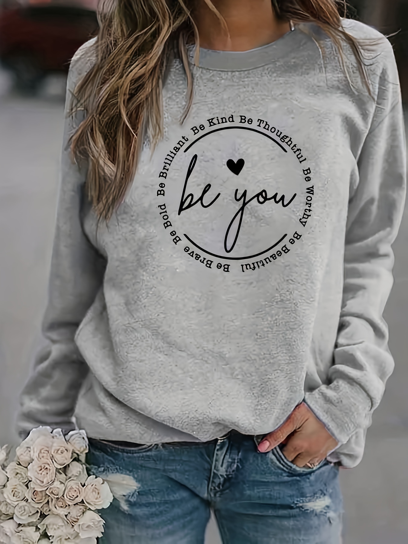 be you print sweatshirt casual long sleeve crew neck sweatshirt womens clothing details 0