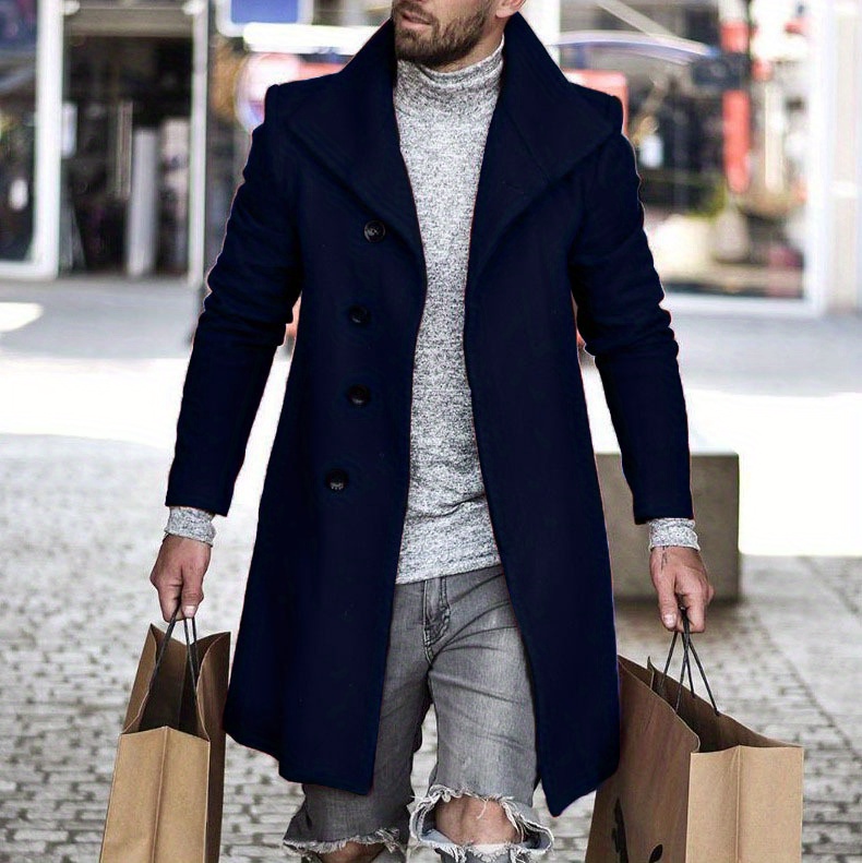 mens trendy retro solid long sleeve coat windbreaker lapel long overcoat for autumn winter details 36