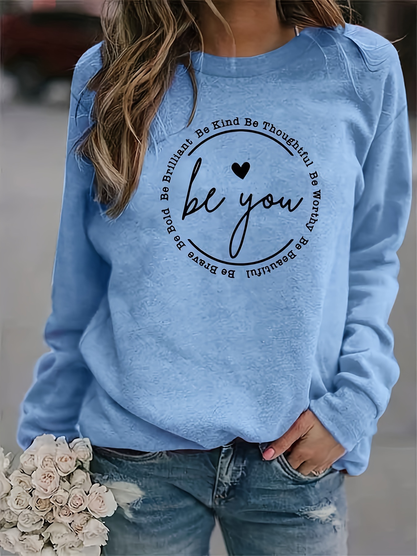 be you print sweatshirt casual long sleeve crew neck sweatshirt womens clothing details 15