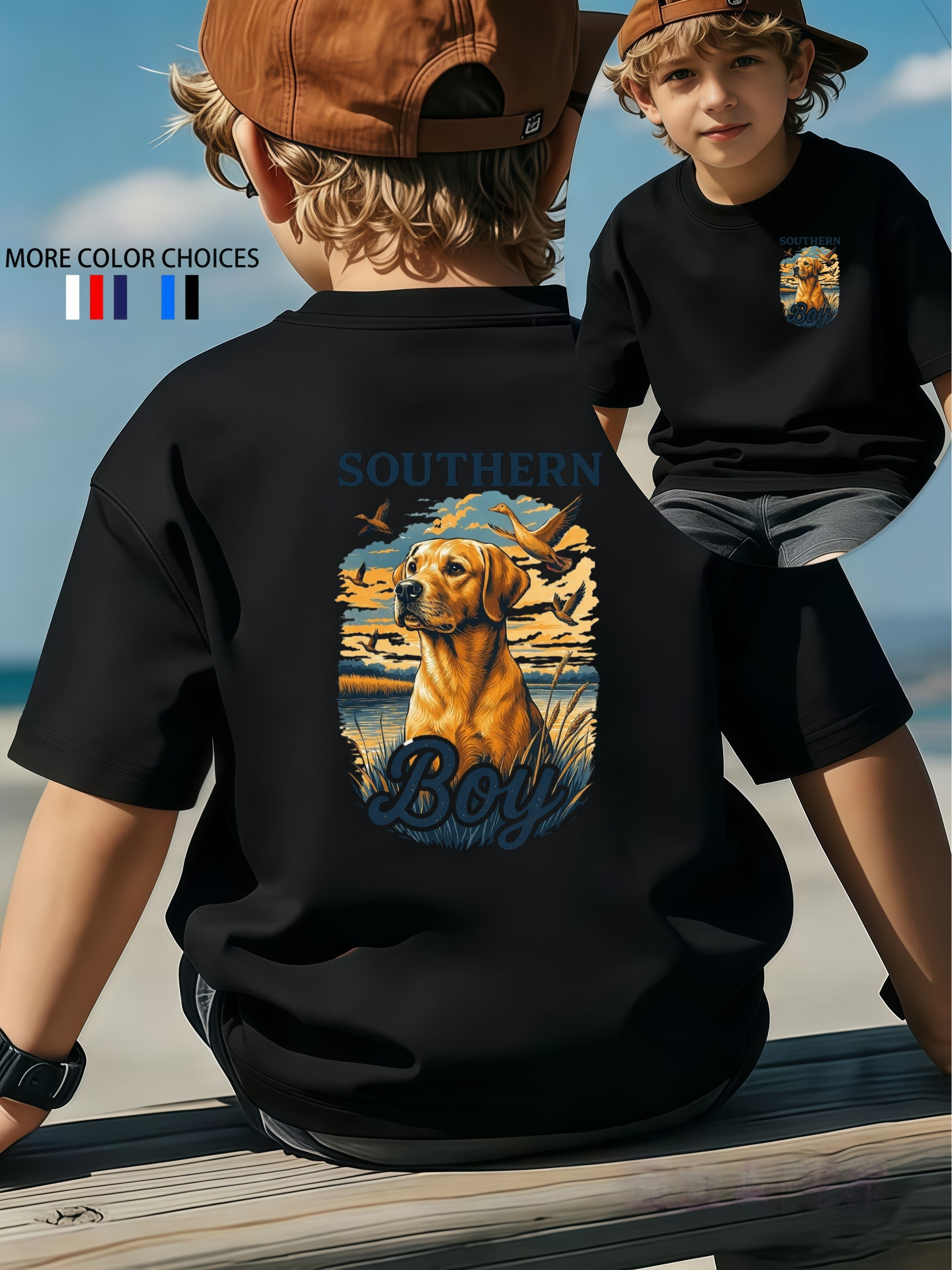 Boys Southern Boy Double-Sided Print T-Shirt | Summer Kids T-Shirt Vintage Country Style Breathable Top | Perfect for Family Camping/Fishing Trips/Gatherings | Ideal Gift Kids Love It