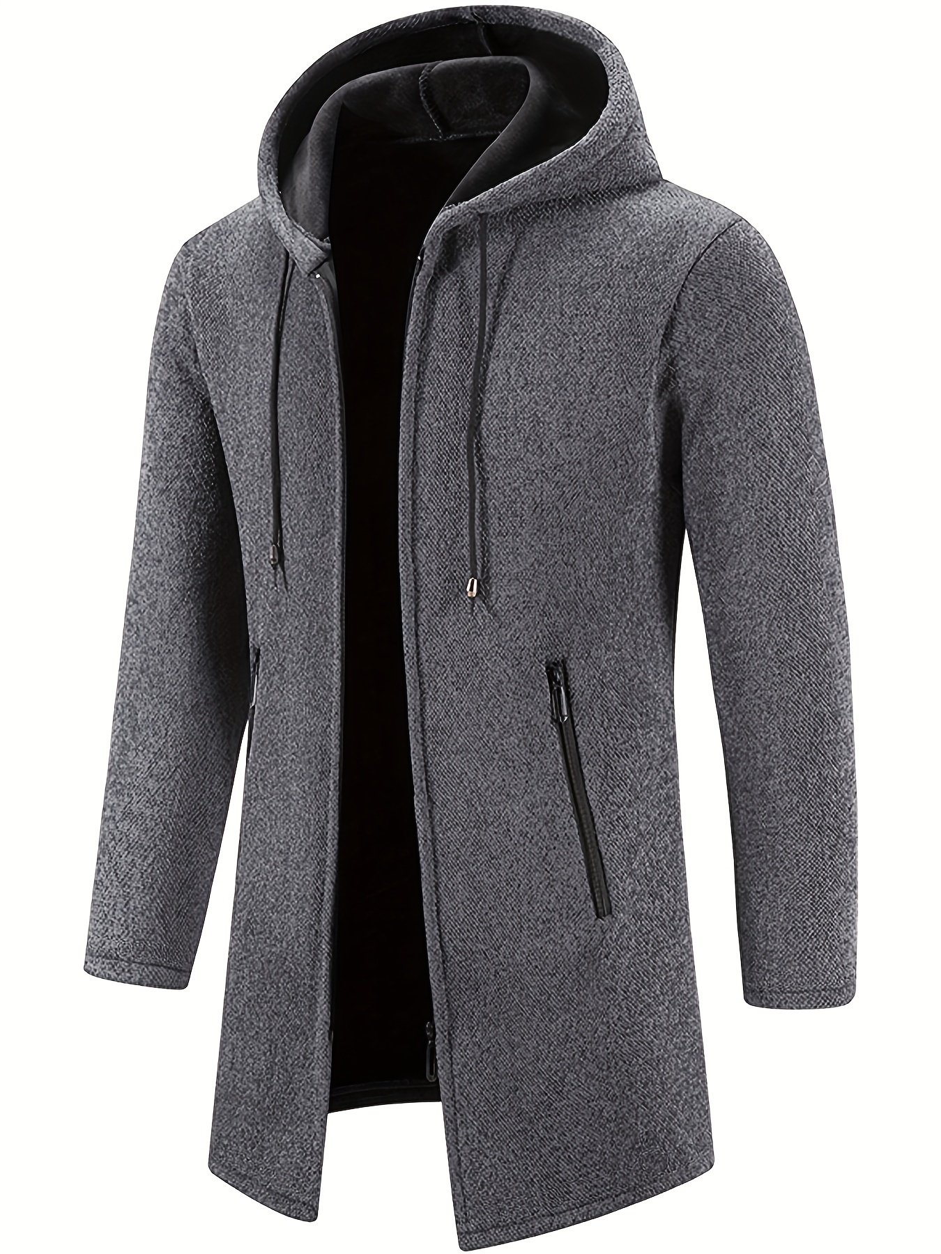 warm mid length hooded fleece coat mens comfortable solid color zip up knitted cardigan for spring fall details 0