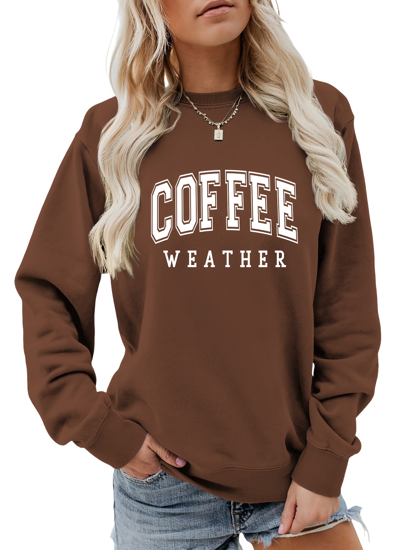 coffee letter print loose sweatshirt casual long sleeve crew neck sweatshirt womens clothing details 15