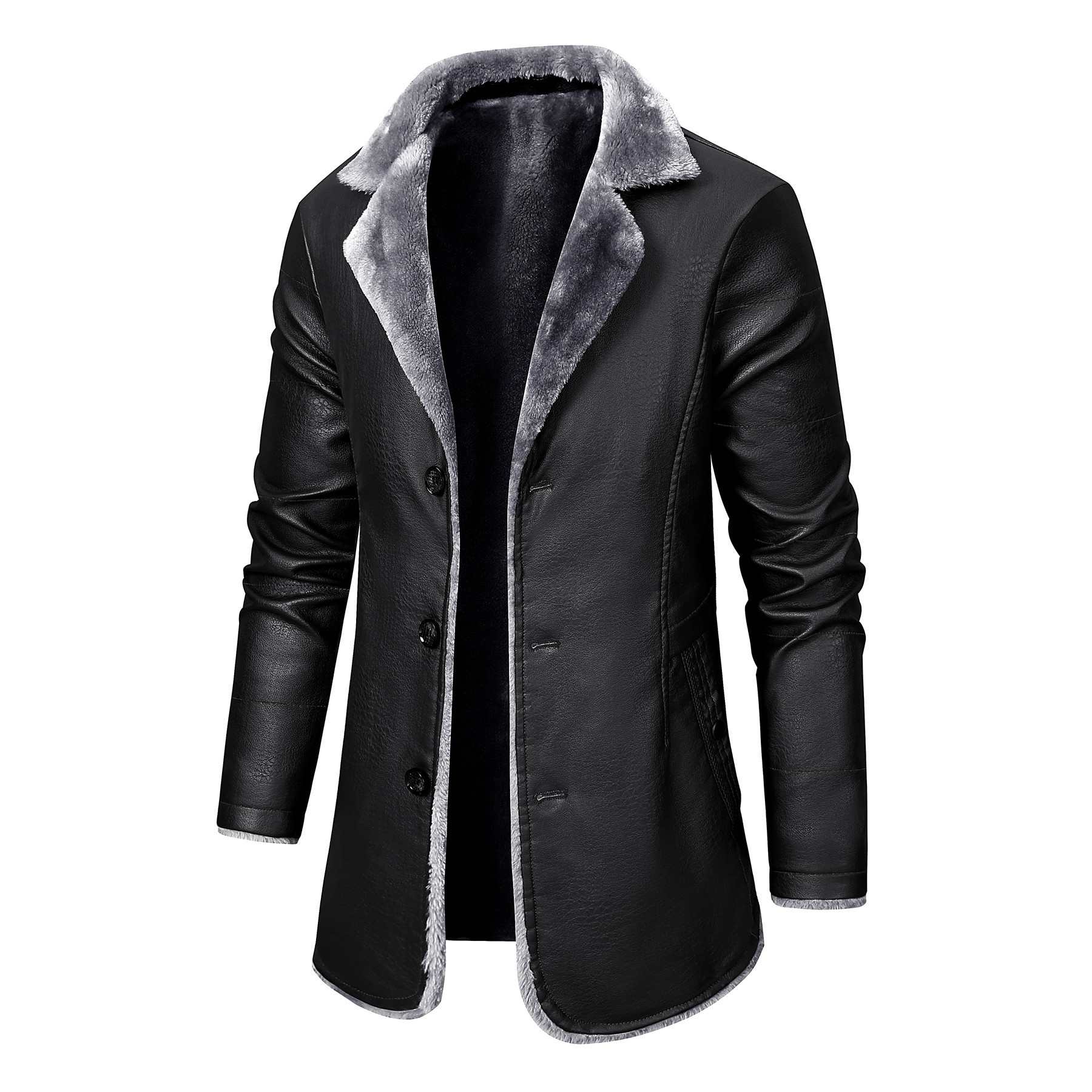 button trench coats, mens casual faux pu leather long sleeves button trench coats details 0