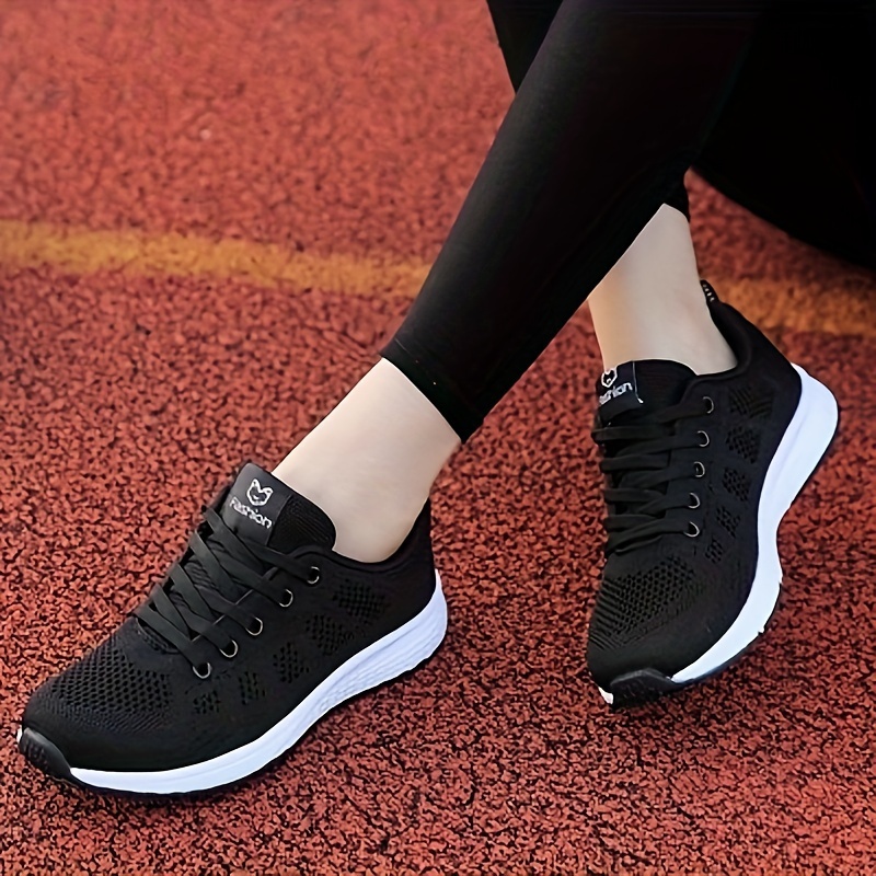 womens solid color casual sneakers lace up breathable flat soft sole shoes lightweight low top running shoes details 0
