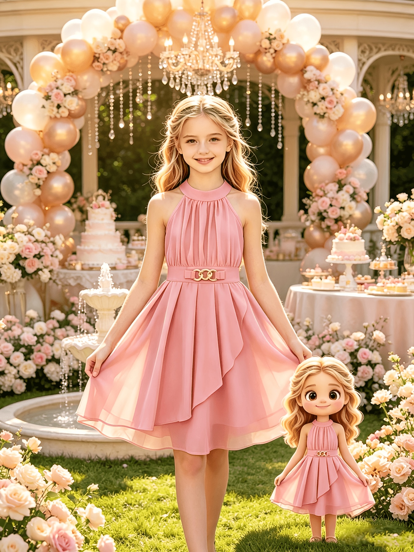 Elegant off-shoulder halter neck mid-length dress for girls with gold-tone decorative buttons at the waist. A stylish and elegant princess dress for spring/summer, suitable for occasions such as parties, performances, formal events, daily casual