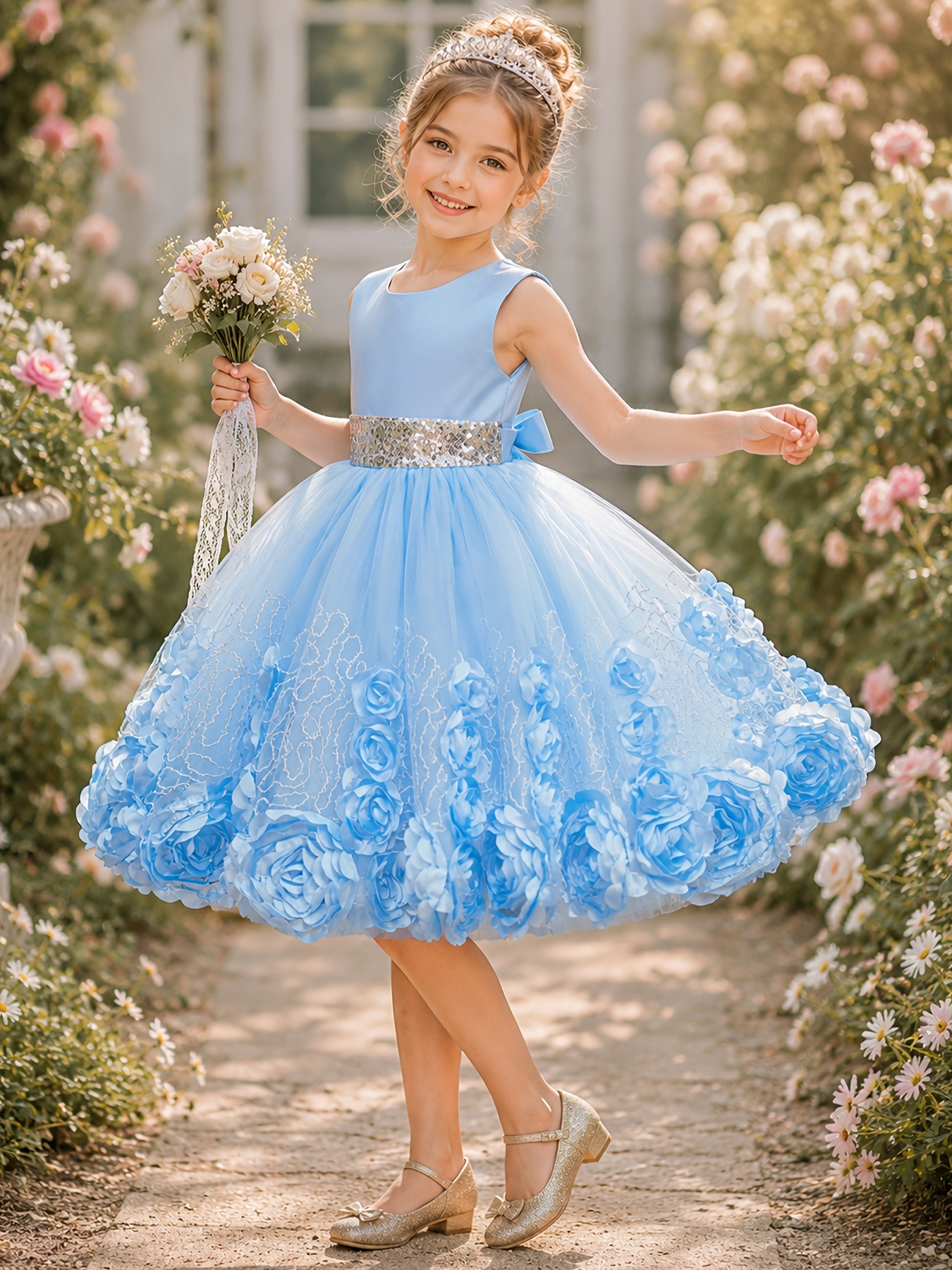 Girls' Dress Waistband Golden Sequined Skirt Bloom Circle Round Neck Vest Evening Attire Performance Flower Girl Dress