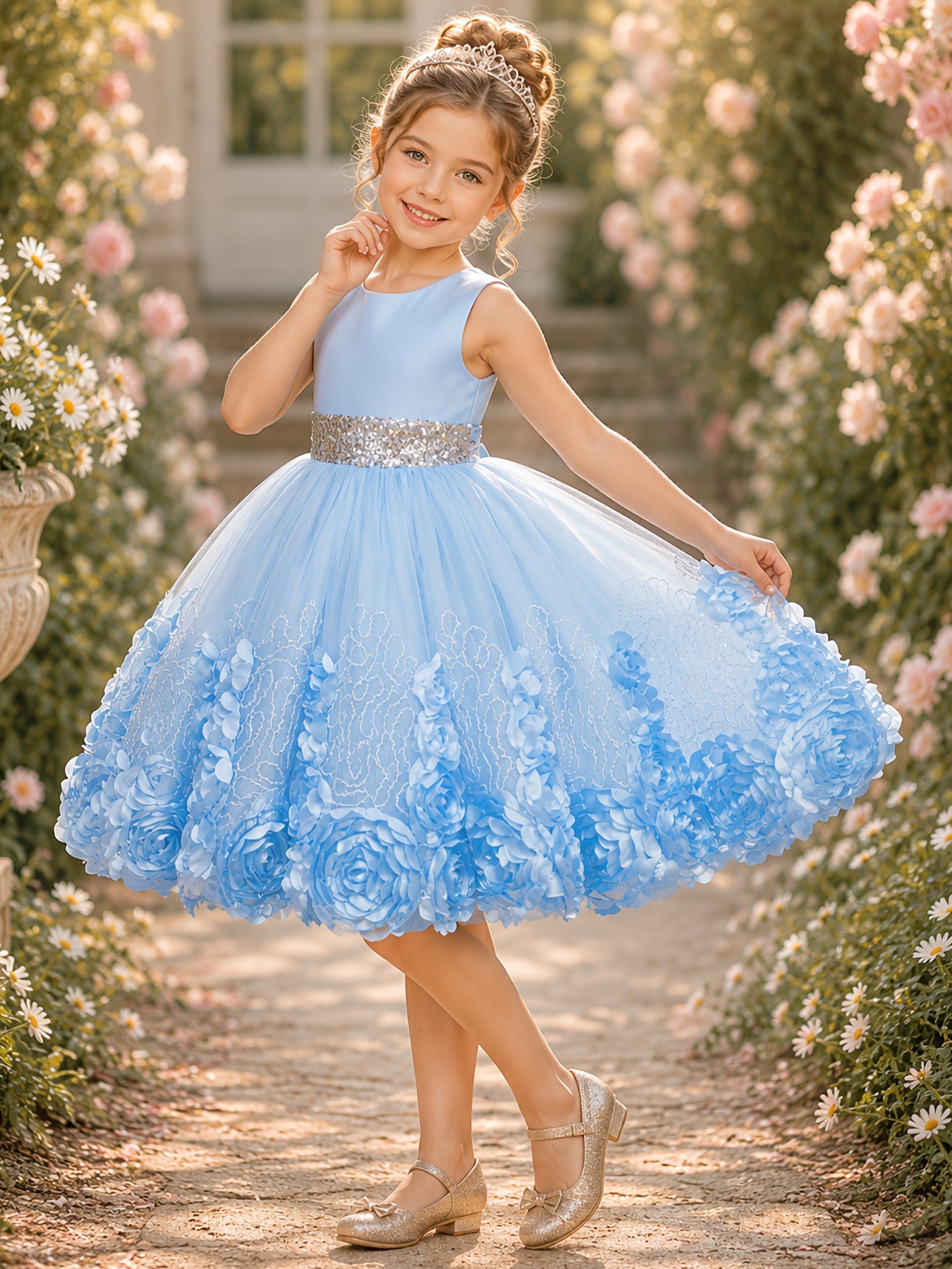 Girls' Dress Waistband Golden Sequined Skirt Bloom Circle Round Neck Vest Evening Attire Performance Flower Girl Dress