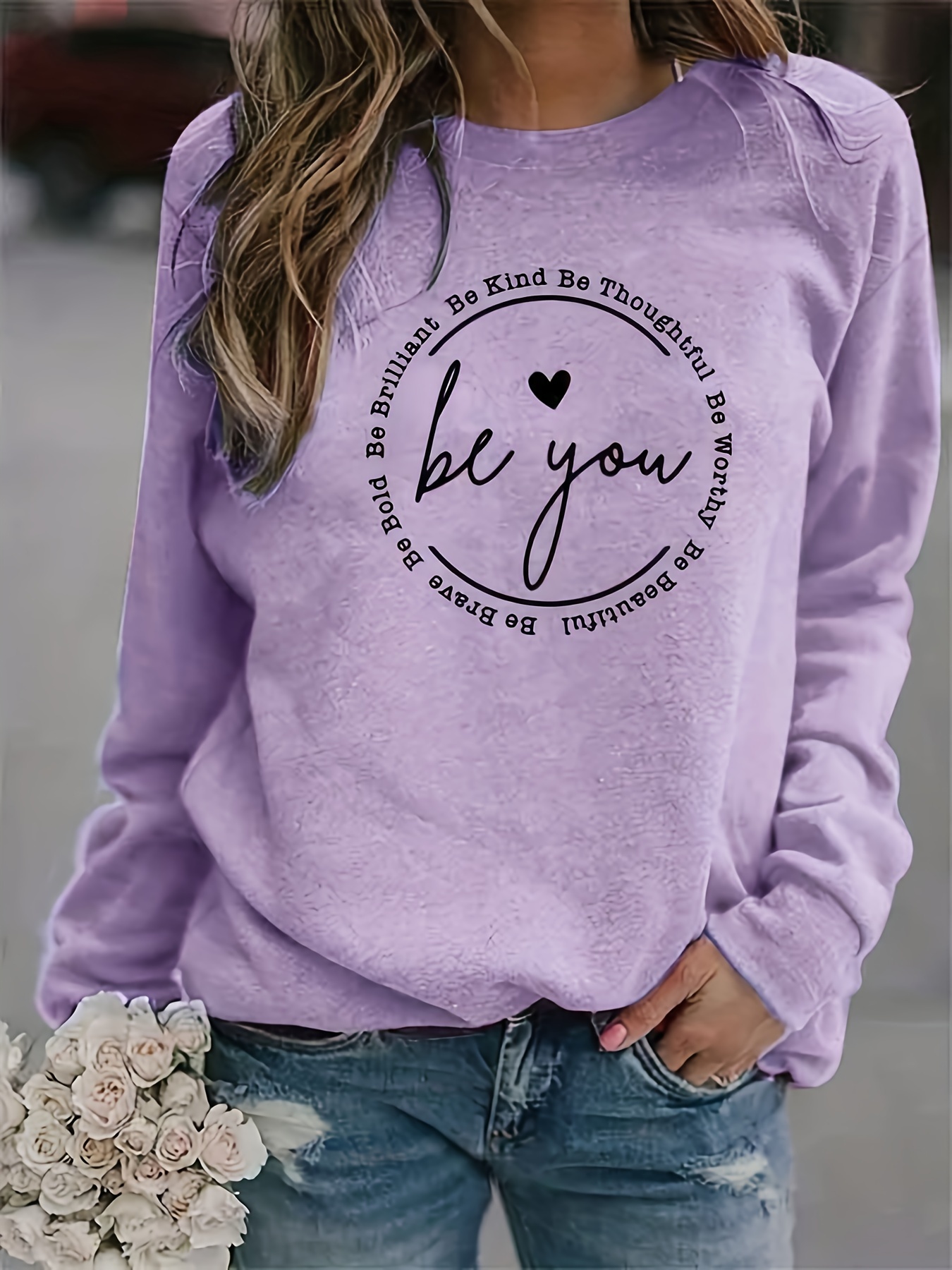 be you print sweatshirt casual long sleeve crew neck sweatshirt womens clothing details 10