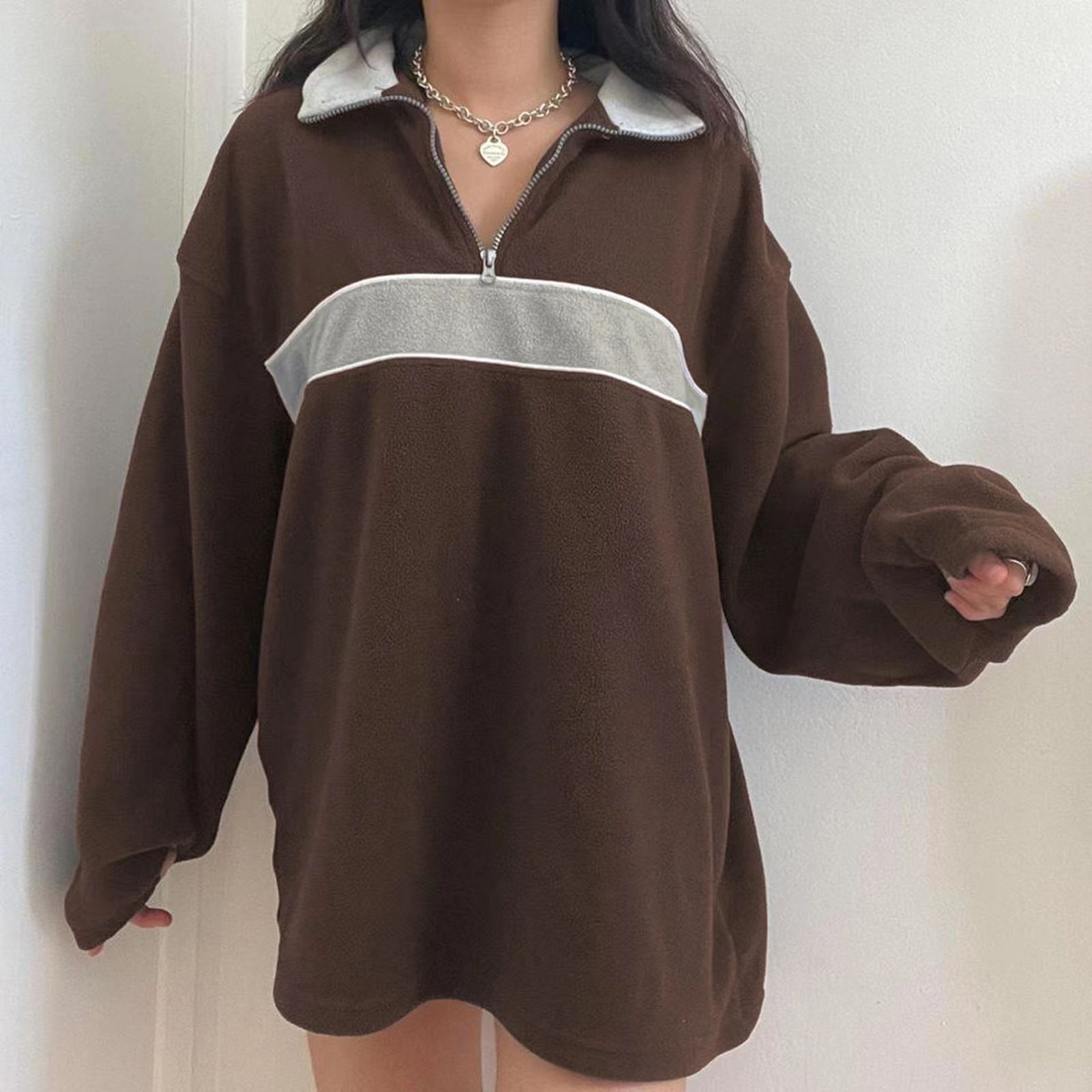 retro lapel thermal pullover casual striped colorblock fashion loose long sleeve sweatshirt womens clothing details 1