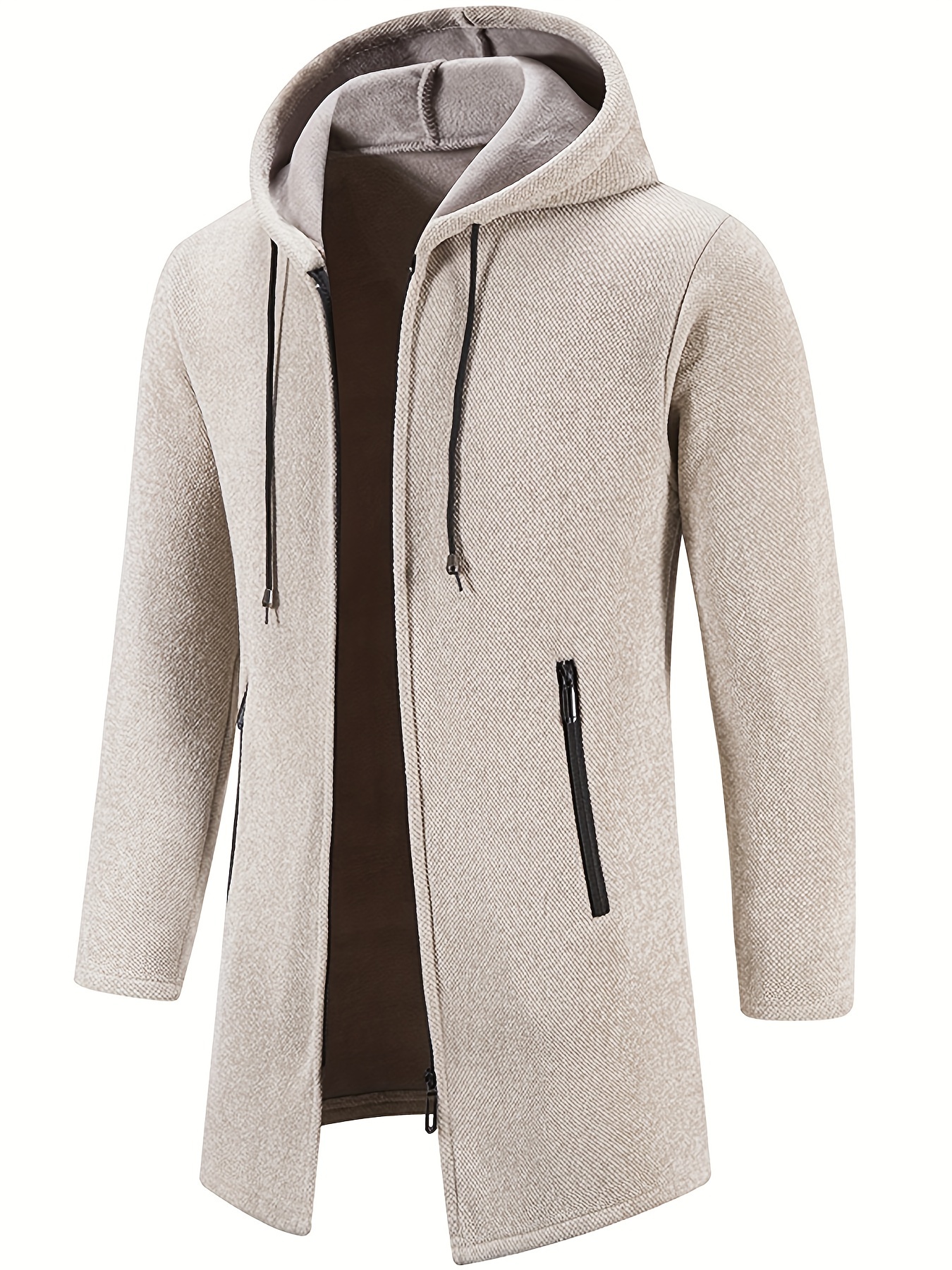 warm mid length hooded fleece coat mens comfortable solid color zip up knitted cardigan for spring fall details 5