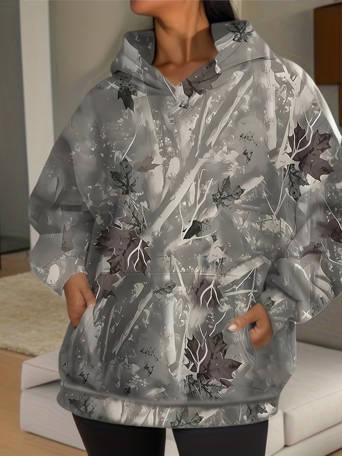 maple leaf print pullover hoodie casual long sleeve kangaroo pocket hoodie sweatshirt womens clothing details 4