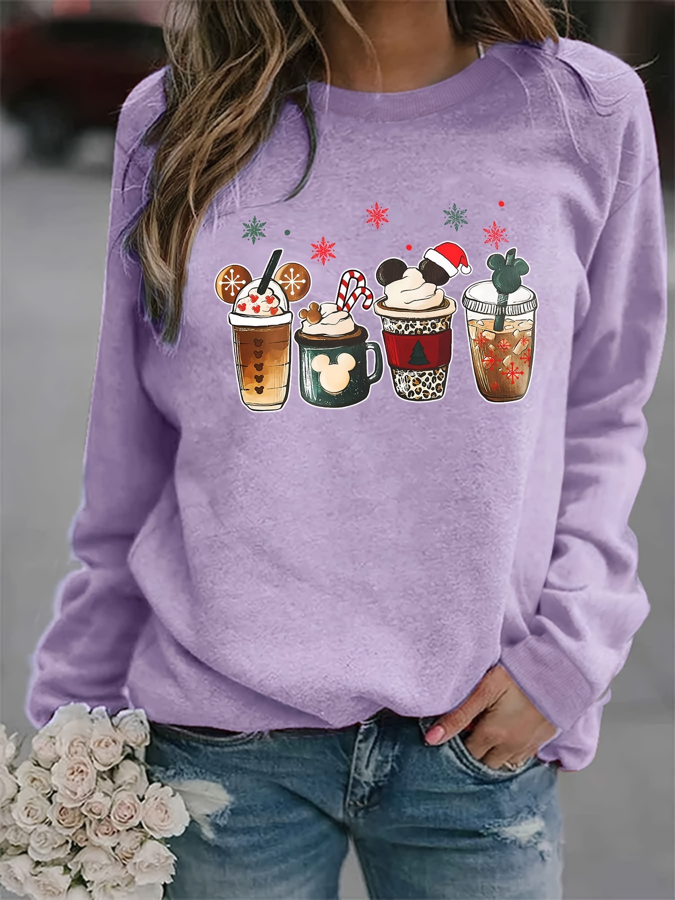christmas coffee print sweatshirt casual long sleeve crew neck sweatshirt womens clothing details 0