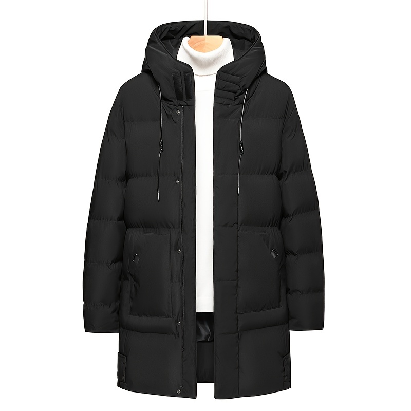 warm hooded mid length jacket mens casual zip up cotton padded jacket overcoat for fall winter outdoor details 0