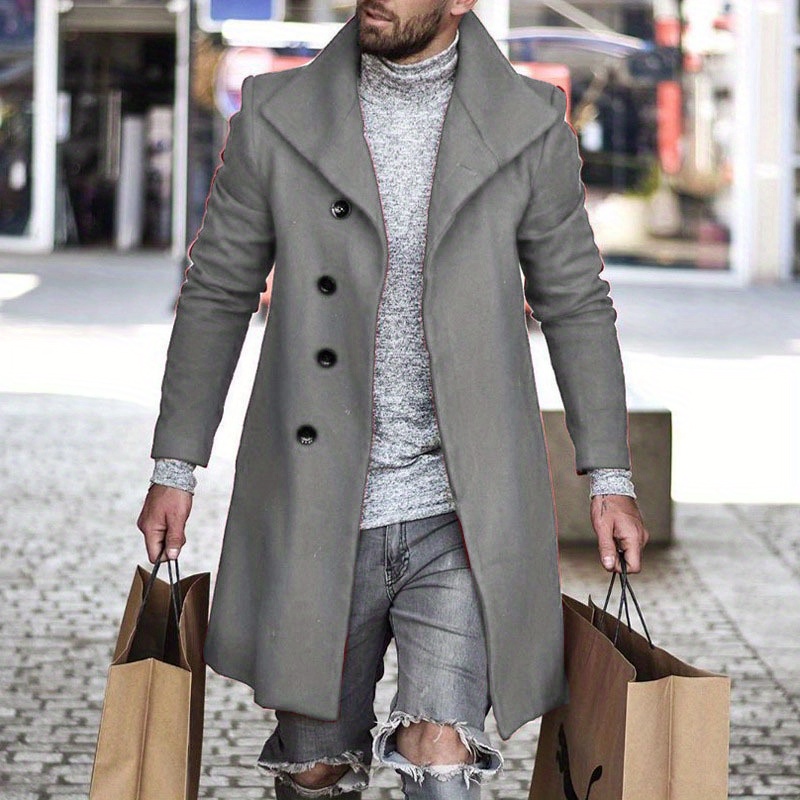 mens trendy retro solid long sleeve coat windbreaker lapel long overcoat for autumn winter details 18