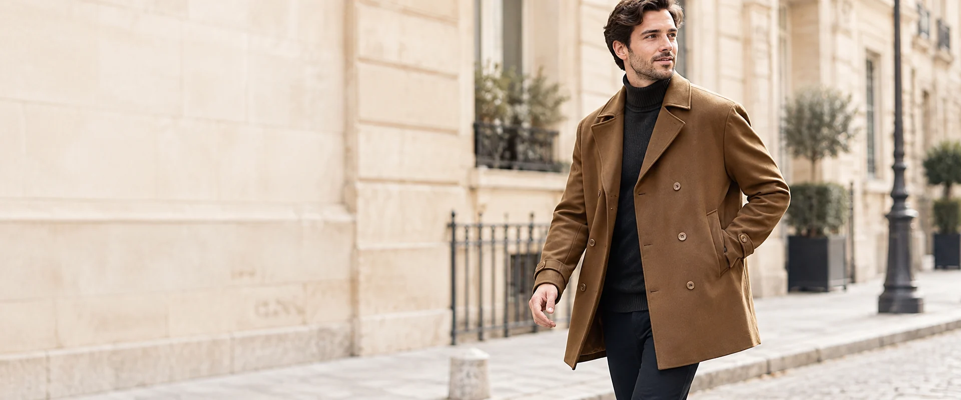 AI lifestyle scene: camel outerwear on a city street