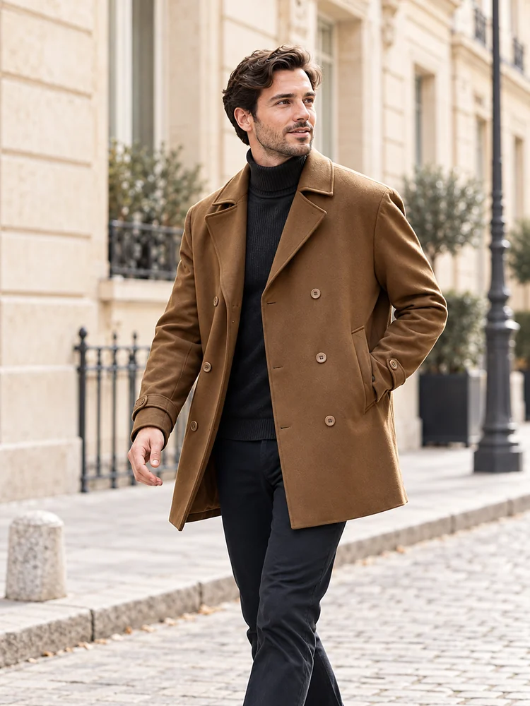 AI lifestyle scene: camel outerwear, mobile portrait