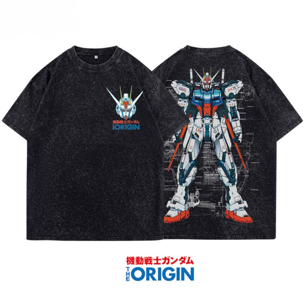 高達機械解剖圖水洗做舊 2026親子情侶男女同款 印花水洗短袖