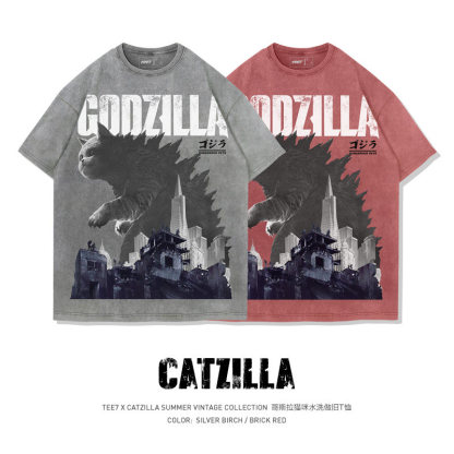 貓咪Godzilla水洗做舊  印花水洗短袖