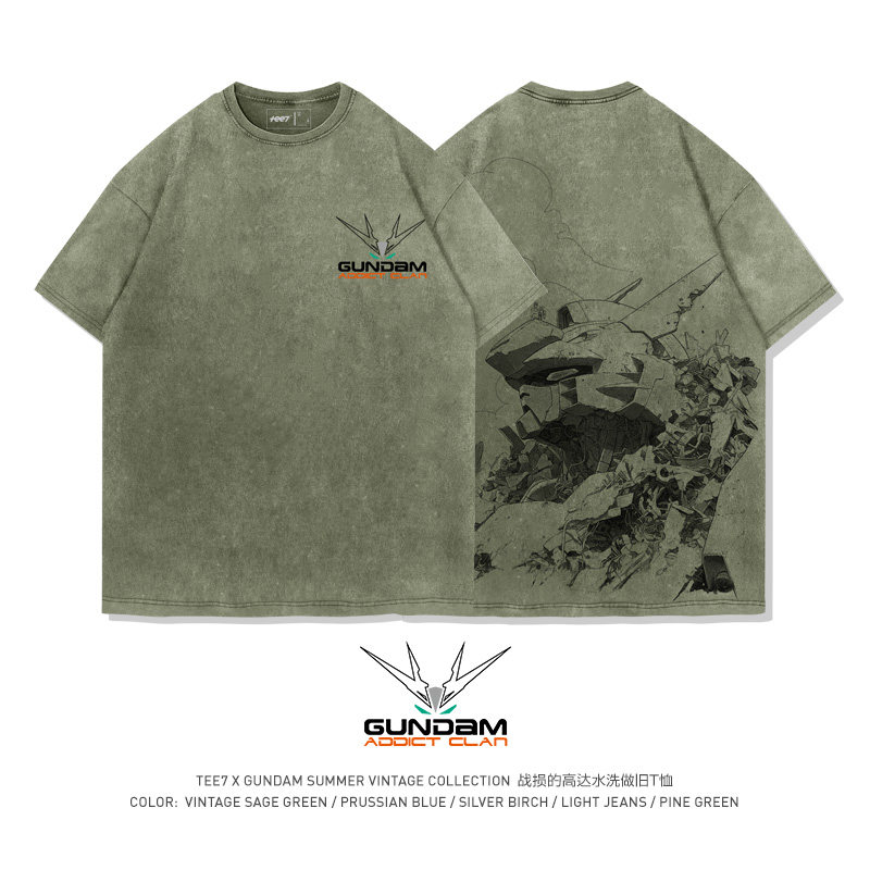 高達戰爭與和平水洗做舊 2026親子情侶男女同款 印花水洗短袖