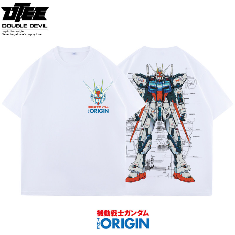 高達機械解剖圖水洗做舊 2026親子情侶男女同款 印花水洗短袖