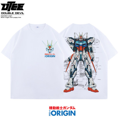 高達機械解剖圖水洗做舊 2026親子情侶男女同款 印花水洗短袖