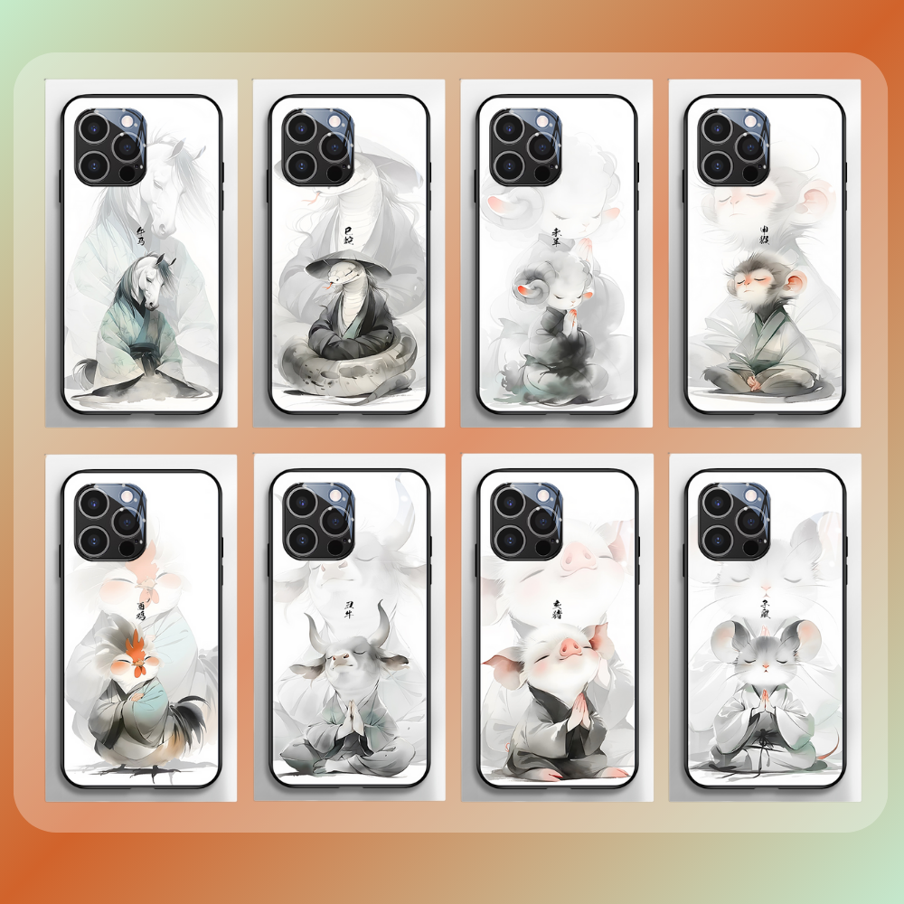 水墨十二生肖新款高清全包防摔玻璃殼