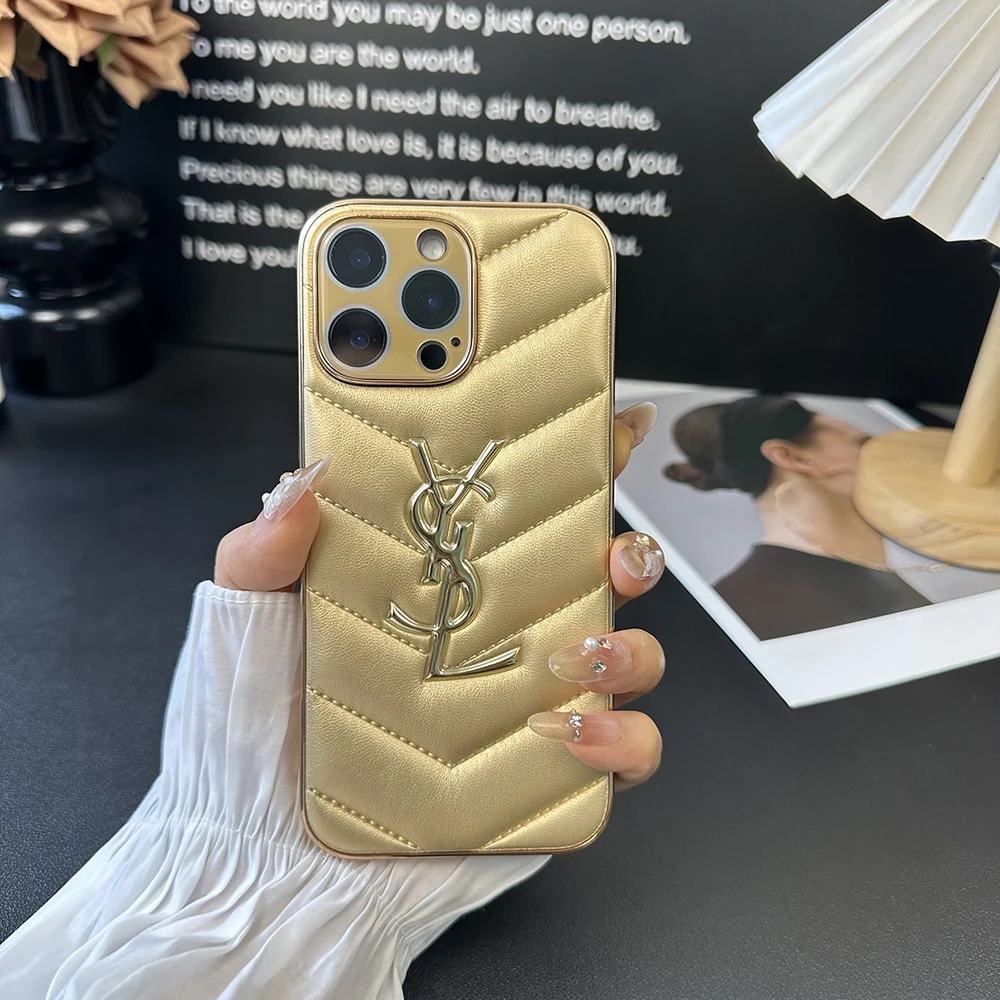 聖羅蘭立體金標圖案皮紋磨砂手機殼