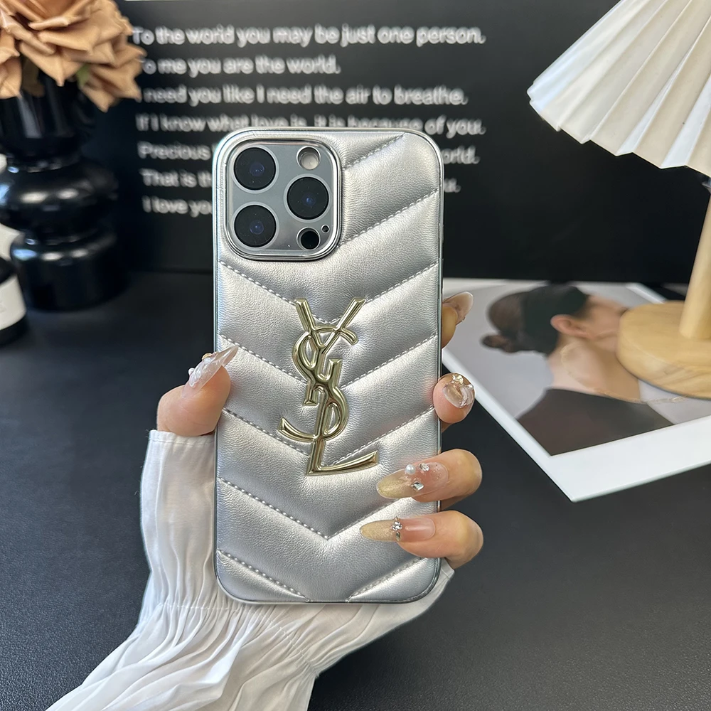 聖羅蘭立體金標圖案皮紋磨砂手機殼