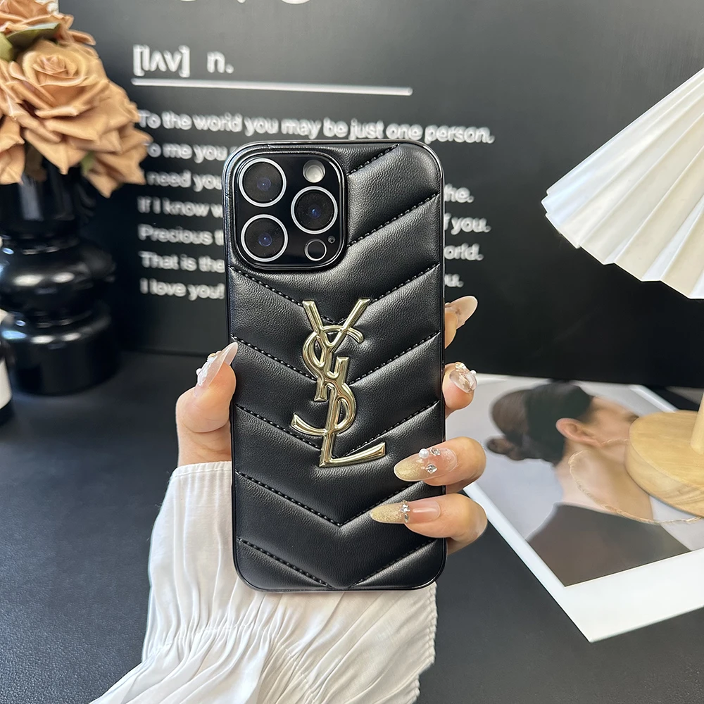 聖羅蘭立體金標圖案皮紋磨砂手機殼