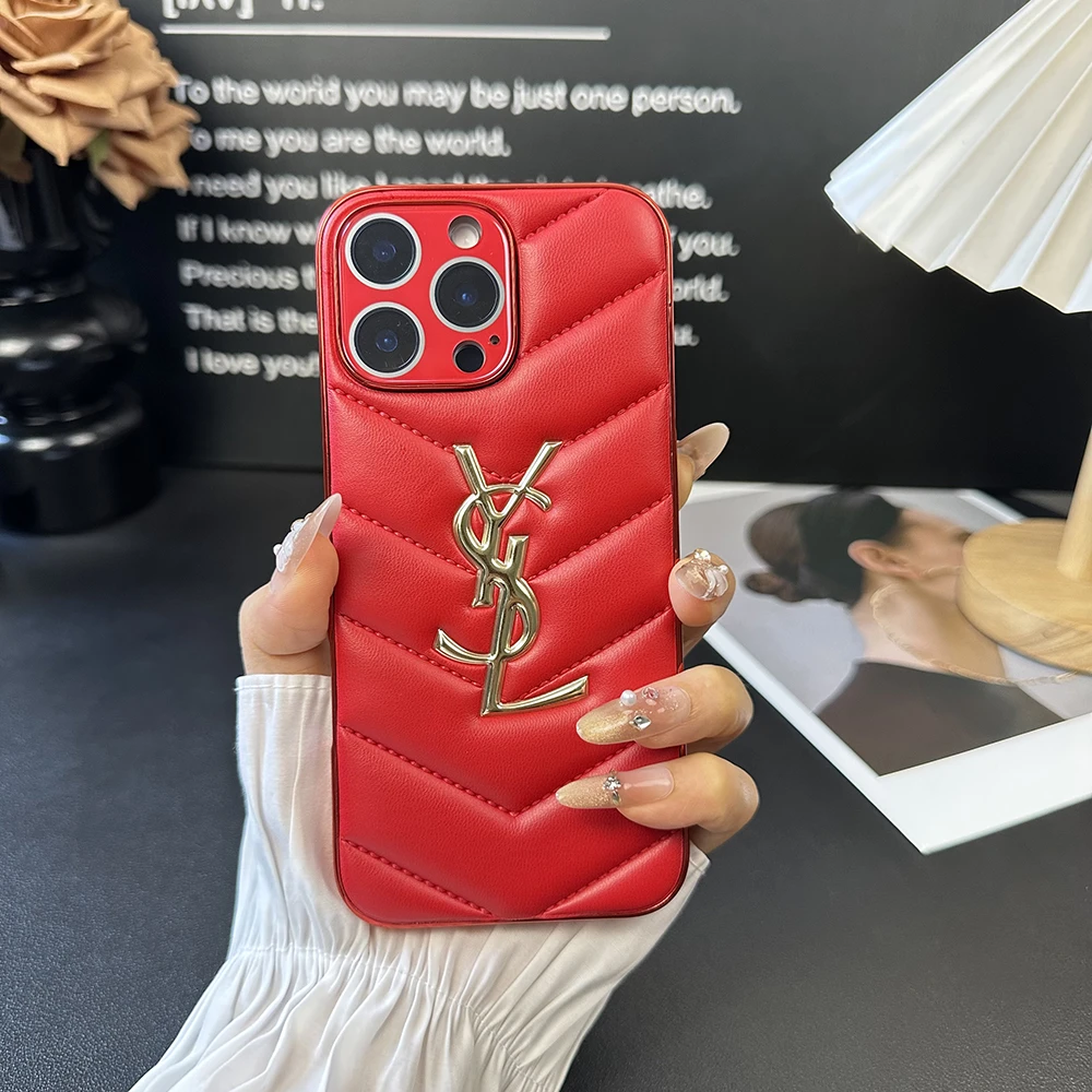 聖羅蘭立體金標圖案皮紋磨砂手機殼