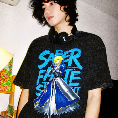 Fate吾王呆毛Saber水洗做舊 2026親子情侶男女同款 印花水洗短袖