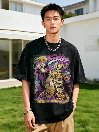 JOJO的奇妙冒險水洗做舊 2026親子情侶男女同款 印花水洗短袖