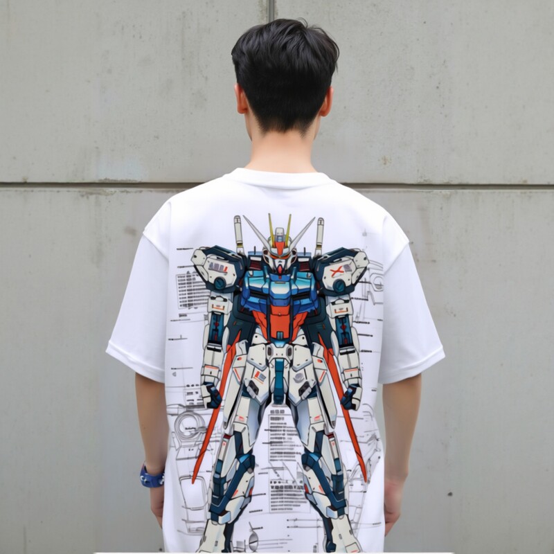 高達機械解剖圖水洗做舊 2026親子情侶男女同款 印花水洗短袖