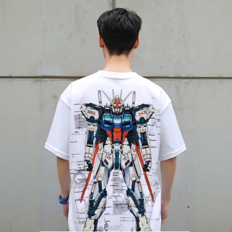 高達機械解剖圖水洗做舊 2026親子情侶男女同款 印花水洗短袖