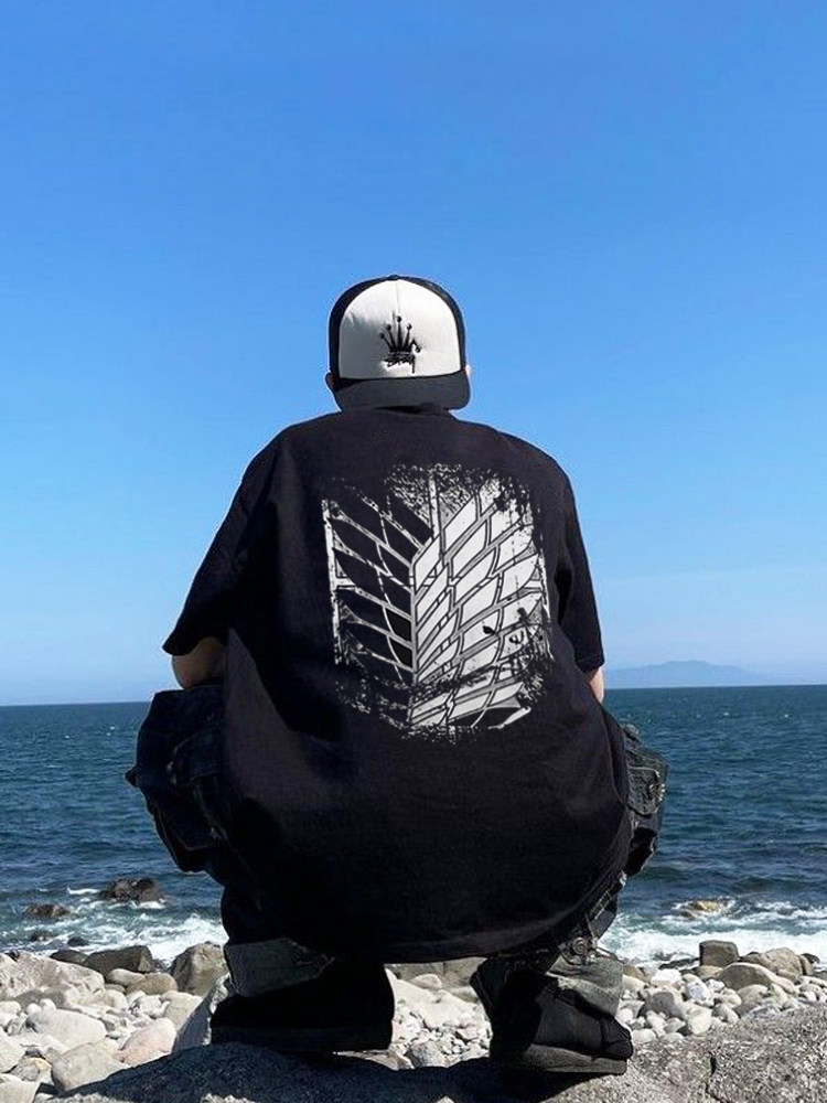 進擊的巨人自由之翼水洗做舊  印花水洗短袖