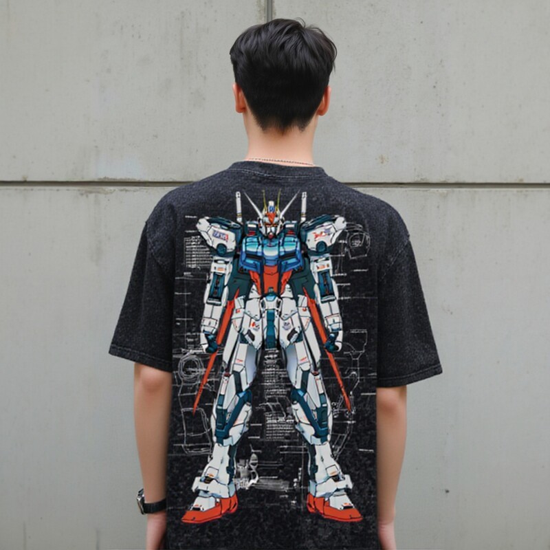 高達機械解剖圖水洗做舊 2026親子情侶男女同款 印花水洗短袖