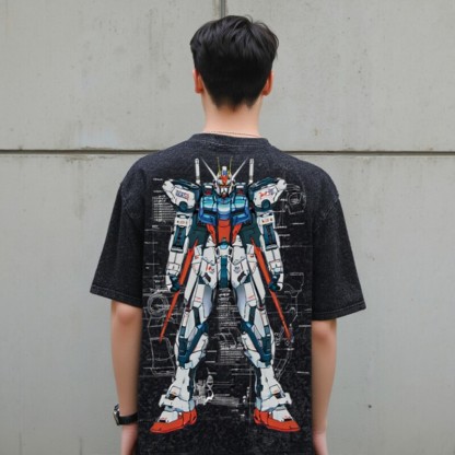高達機械解剖圖水洗做舊 2026親子情侶男女同款 印花水洗短袖