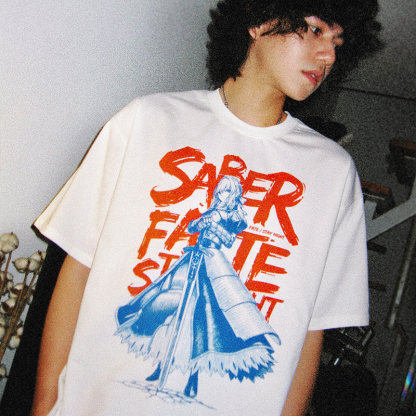 Fate吾王呆毛Saber水洗做舊 2026親子情侶男女同款 印花水洗短袖