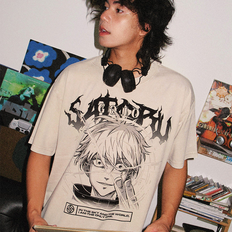 咒術迴戰五条悟水洗做舊 2026親子情侶男女同款 印花水洗短袖