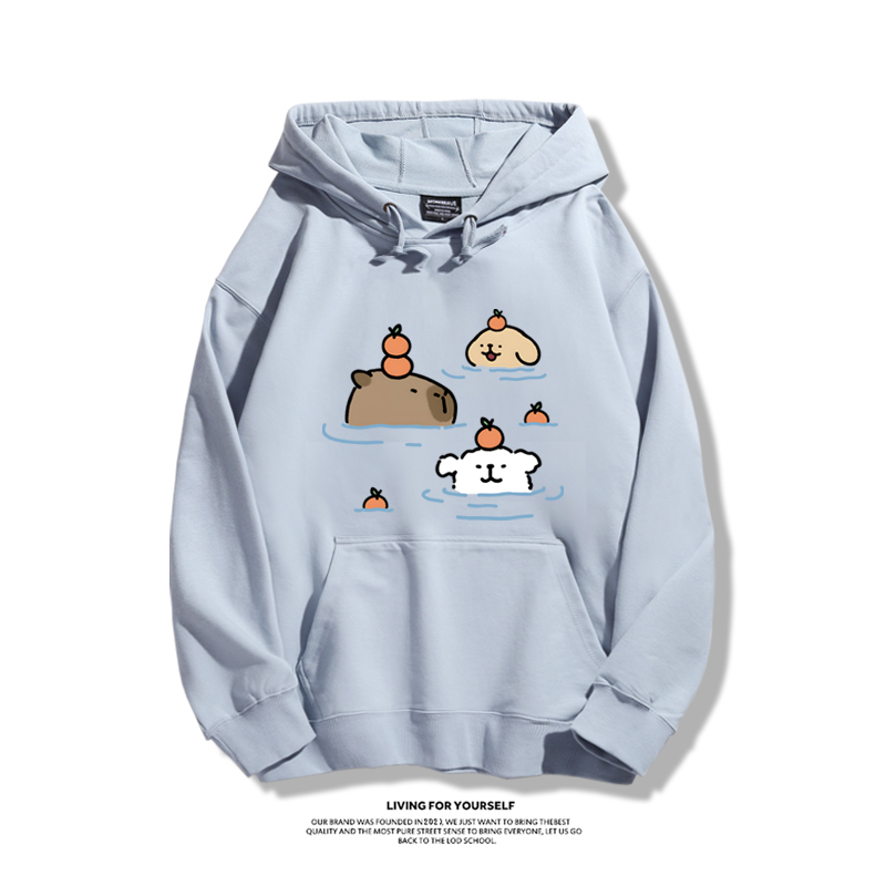 萌系卡皮巴拉x線條小狗2023秋冬新款親子情侶裝薄絨款連帽衛衣