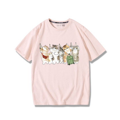 擠地鐵貓咪2024親子情侶男女同款 純棉T恤