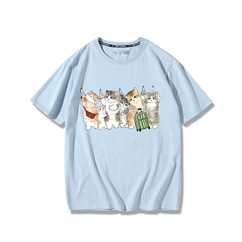 擠地鐵貓咪2024親子情侶男女同款 純棉T恤