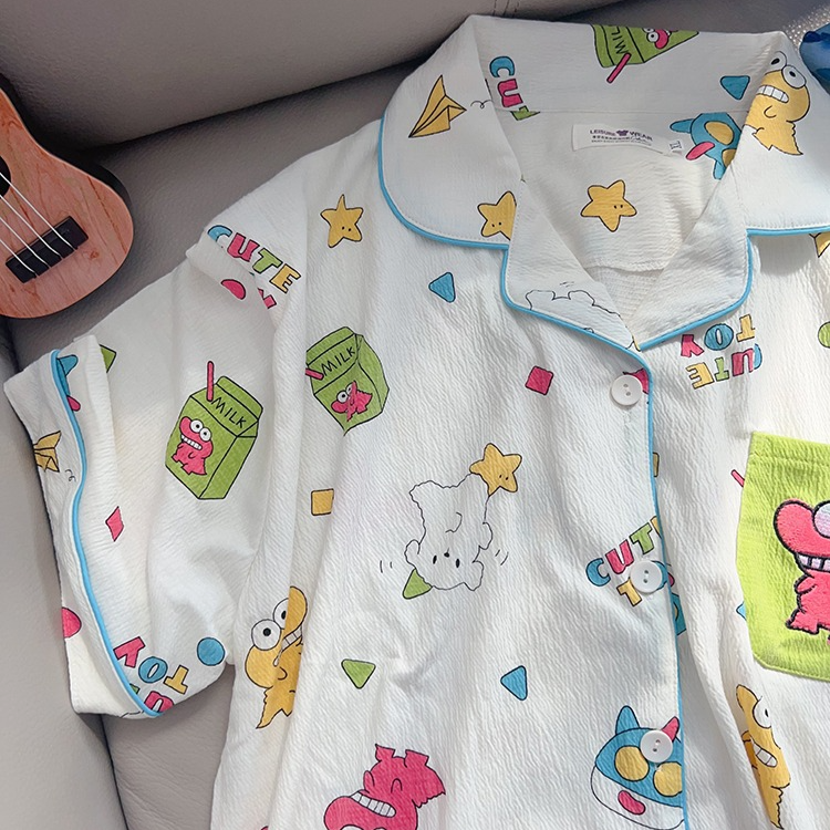 日系可愛小新睡衣女夏季短袖卡通純棉紗布情侶男士家居服棉紗